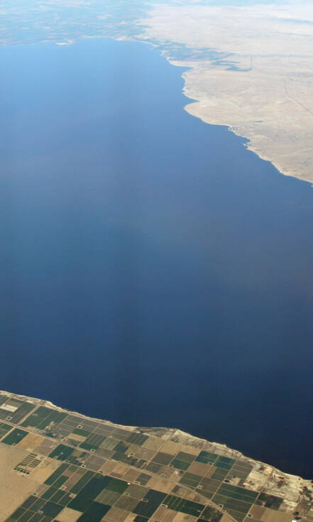 De foto is genomen van bovenaf. Je ziet de Salton Sea, groot en donker blauw, omringt door dor land met af en toe een groen vlakje of stukje.