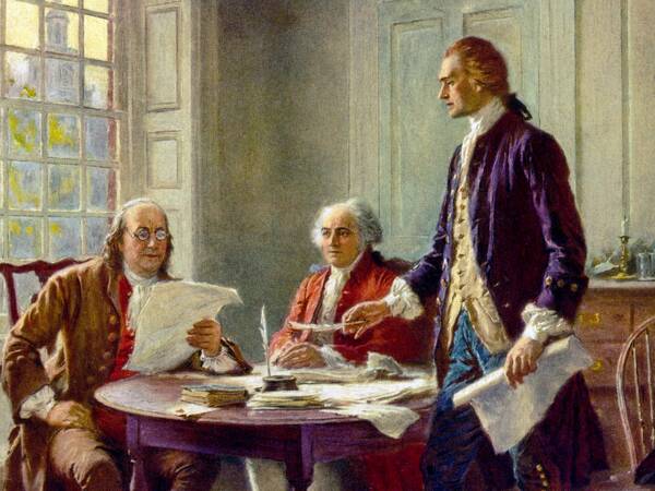 Thomas Jefferson en John Adams werken aan de Onafhankelijkheidsverklaring