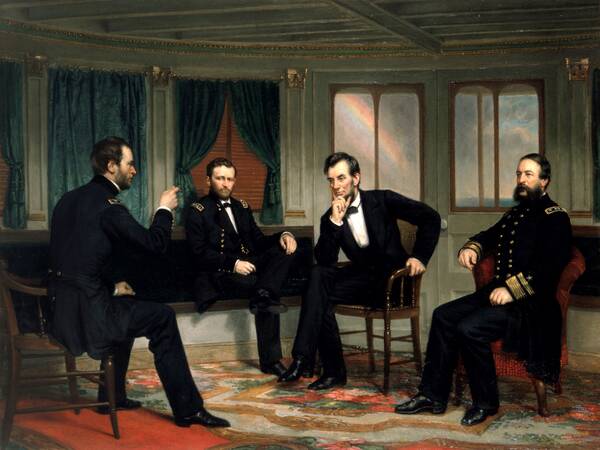 Generaal Grant samen met president Lincoln en legeraanvoerders Porter en Sherman