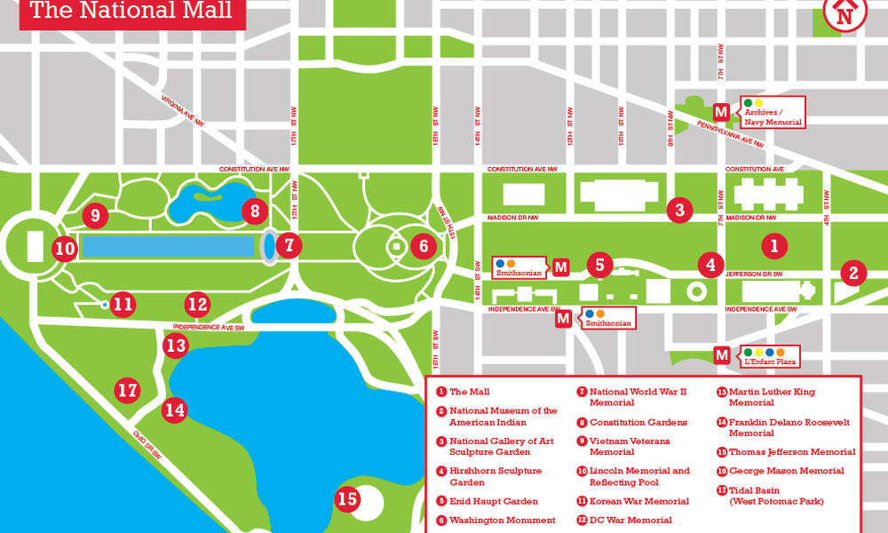 Kaart van de National Mall in Washington DC