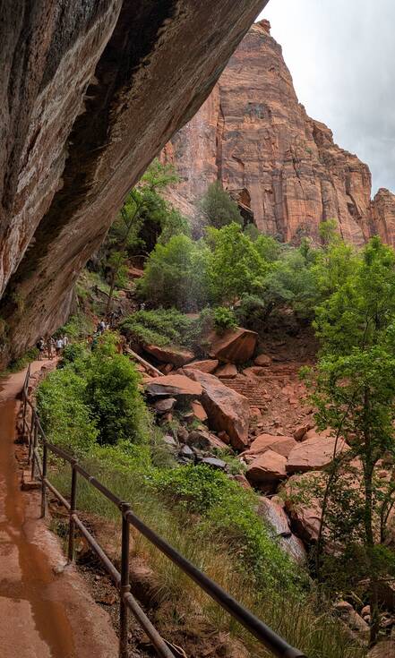 Op de foto zie je mensen de wandeling Lower Emerald Pool maken door Zion National Park