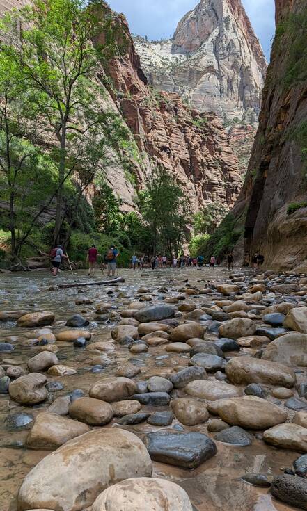Op de foto zie je hoe bezoekers door de Narrows wandelen in Zion National Park, Utah