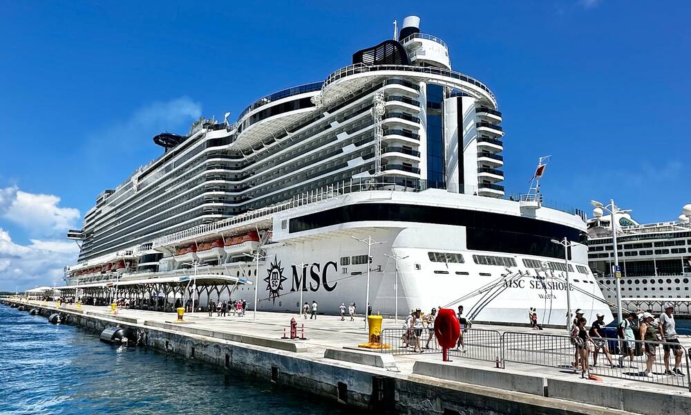 Op de foto zie je een groot wit cruiseschip van MSC. Het schip ligt aangemeerd in de haven.