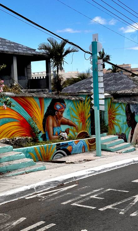 Op de foto zie je een muurschildering in Nassau. De afbeelding is het bovenlichaam van een donkere vrouw met kleurrijke haarband. De muur is verder groen met gele en oranje bladeren
