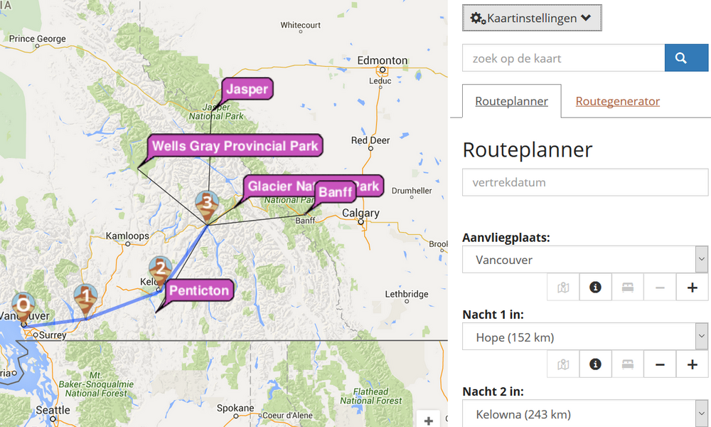 Gebruik de routeplanner van Tioga Tours om zelf een route uit te stippelen door Amerika of Canada