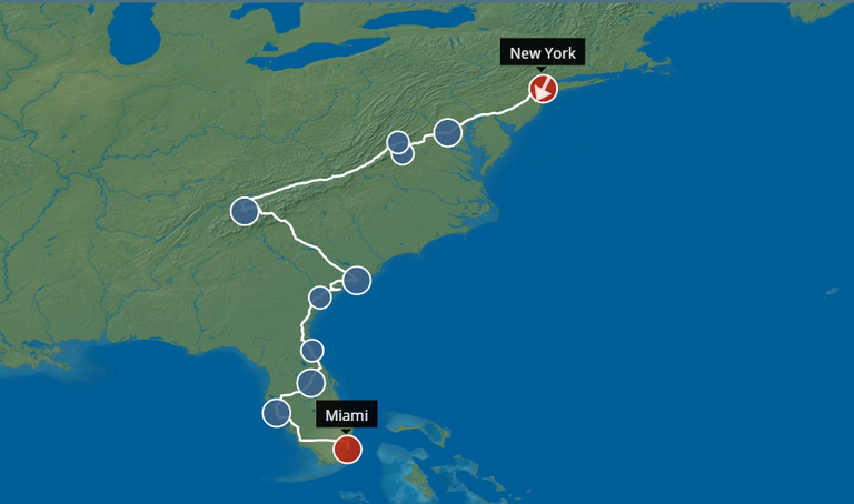 Voorbeeld van een route langs de Oostkust van Amerika