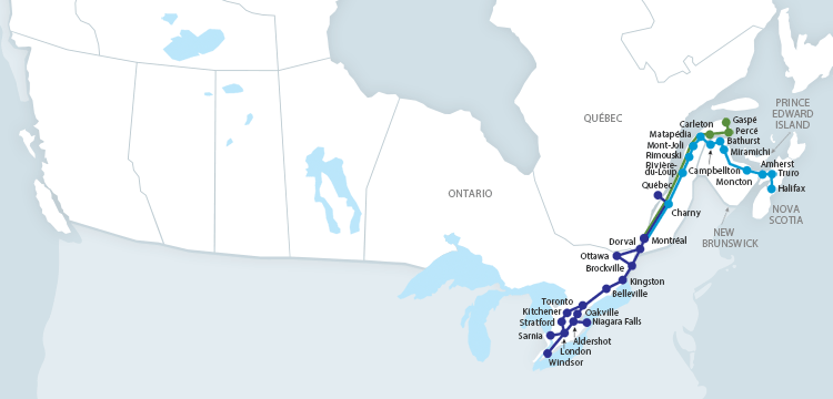 Routes VIA Rail Oost-Canada